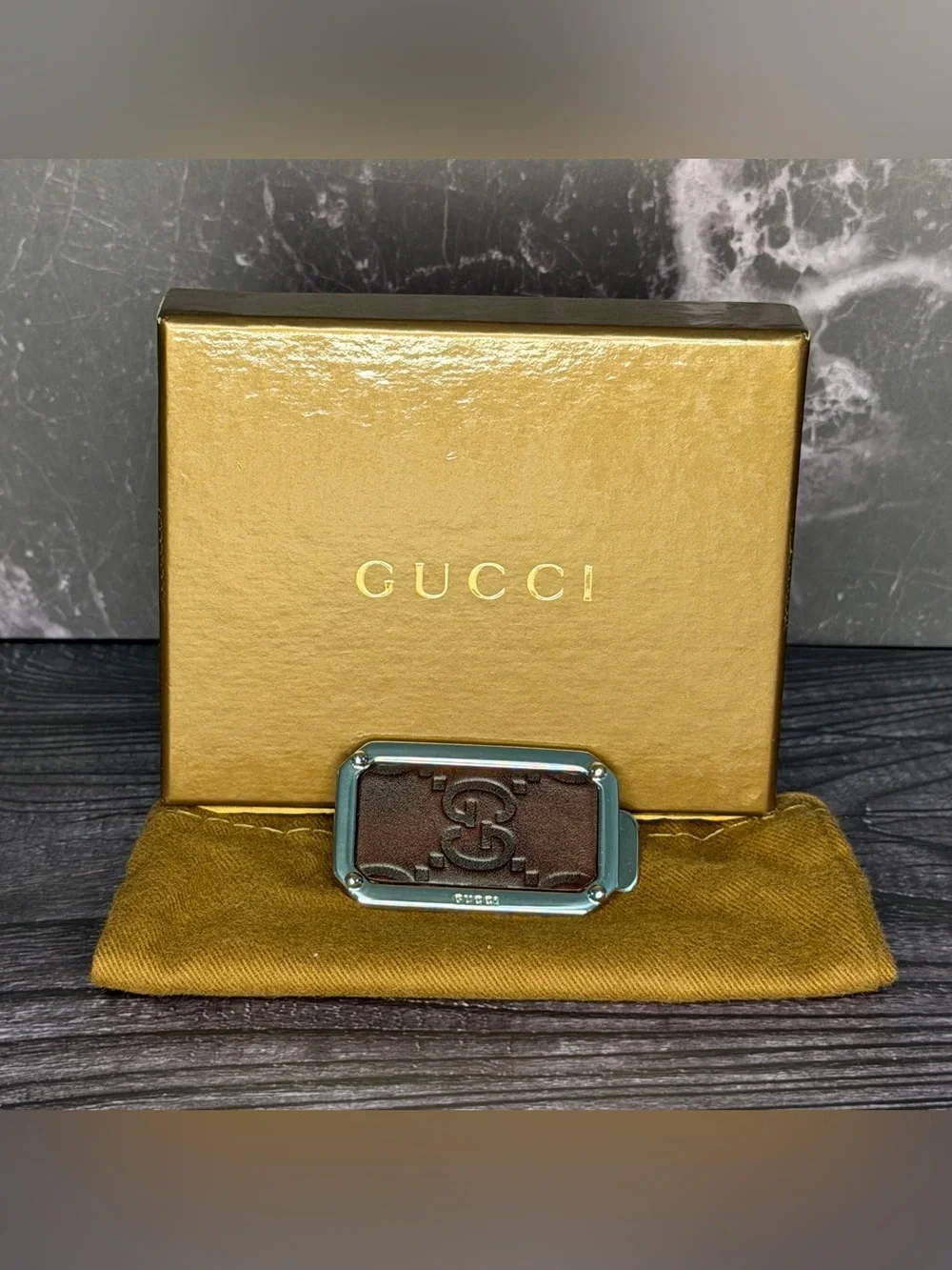 Gucci Leather & Palladium Money Clip | Full Set w/ Box & Dust Bag